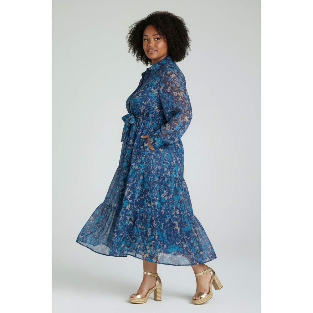 Terra & Sky Womens Shirtdress Size 0X Blue Maxi Floral Tie-Waist Elegant - Picture 12 of 12